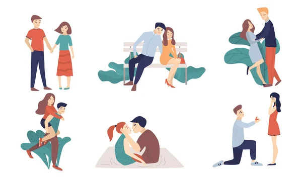 Dating couples in love feeling happy in everyday life vector illustration — Stock Vector