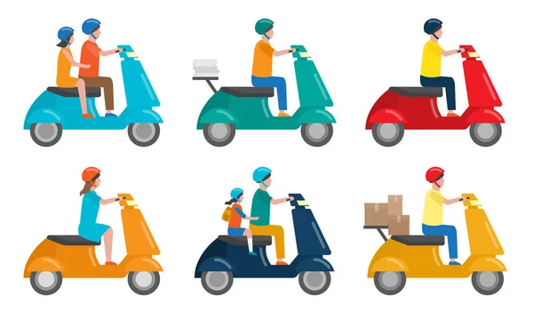 Set van verschillende mensen op twee-wielige scooters dienen voor beweging en levering. Vector illustratie in platte cartoon stijl — Stockvector