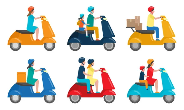 Set van verschillende mensen op twee-wielige scooters dienen voor beweging en levering. Vector illustratie in platte cartoon stijl — Stockvector