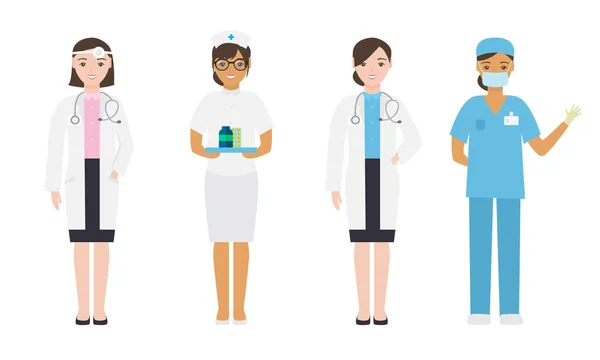 Conjunto de diferentes doctores y enfermeras con atuendo médico comprometidas en su trabajo. Ilustración vectorial en estilo plano de dibujos animados — Vector de stock