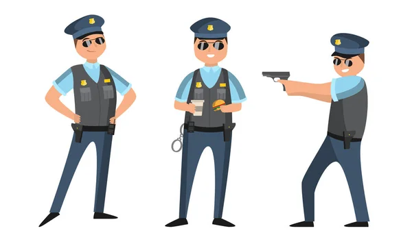 Der Polizist mit schwarzer Sonnenbrille steht in verschiedenen Posen mit Pistole, Hamburger und Kaffee da. Vektorillustration im flachen Stil — Stockvektor