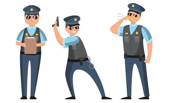 De politieagent met een zwarte zonnebril staat in verschillende houdingen met protocol, fluitje en pistool. Vector illustratie in platte stijl — Stockvector