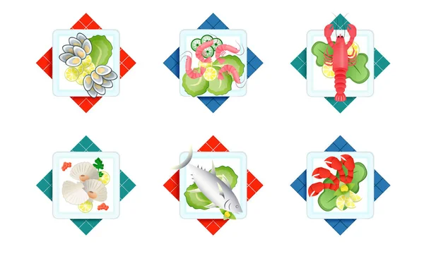 Conjunto de cena fresca y saludable de mariscos. Deliciosos platos de langosta, cangrejo, pulpo, calamar, pescado. Ilustración vectorial en estilo plano de dibujos animados — Vector de stock