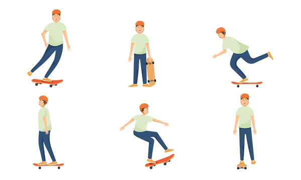 Set van skateboard tienerjongen in helm skates en voert verschillende complexe trucs. Vector illustratie in platte cartoon stijl — Stockvector