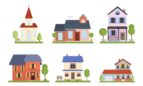 Conjunto de diferentes casas de campo con árboles de jardín. Ilustración vectorial en estilo plano de dibujos animados . — Vector de stock