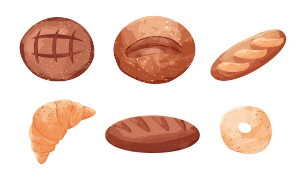 Conjunto de diferentes tipos de productos horneados con diferentes tipos de panecillos dulces. Ilustración vectorial en estilo plano de dibujos animados — Vector de stock