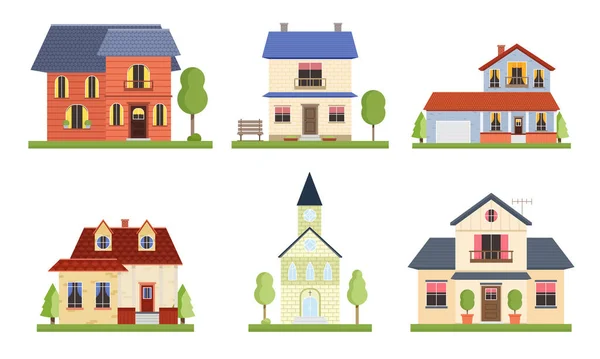 Set di diverse case di campagna con alberi da giardino. Illustrazione vettoriale in stile fumetto piatto . — Vettoriale Stock
