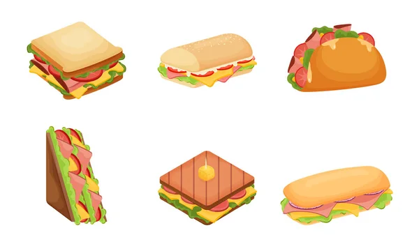 Conjunto de deliciosos sanduíches suculentos cheios de legumes, queijo, carne, bacon. Ilustração vetorial em estilo de desenho animado plano — Vetor de Stock