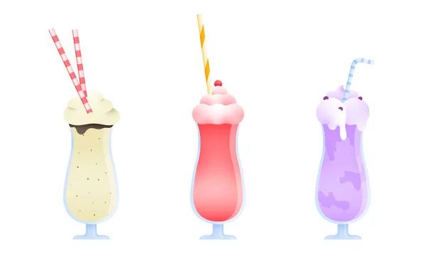 Conjunto de três batidos coloridos em copos com tubos feitos com ingredientes diferentes. Ilustração vetorial em estilo de desenho animado plano —  Vetores de Stock