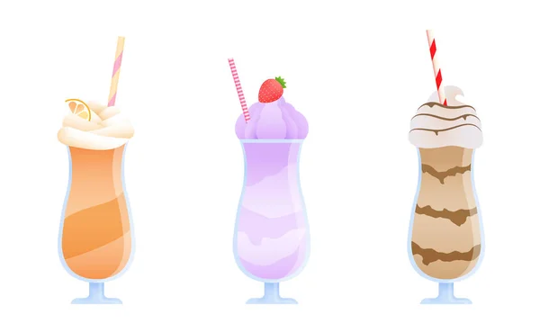 Набір з трьох барвистих молочних коктейлів в окулярах з трубками, виготовленими з різними інгредієнтами. Векторні ілюстрації в стилі плоского мультфільму — стоковий вектор