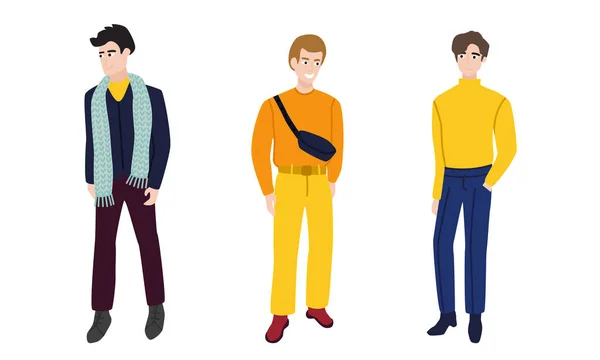 Ensemble de beaux jeunes hommes dans des vêtements élégants classiques et des suites.Illustration vectorielle dans le style de dessin animé plat — Image vectorielle