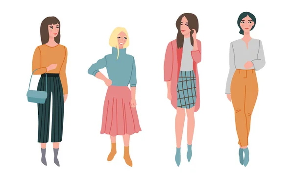 Conjunto de belas mulheres jovens diferentes na roupa na moda. Ilustração vetorial em estilo de desenho animado plano —  Vetores de Stock