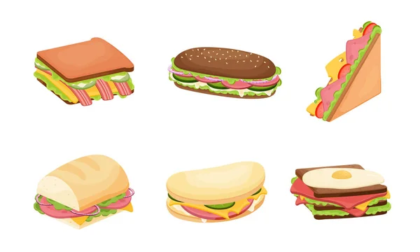 Conjunto de deliciosos sándwiches jugosos llenos de verduras, queso, carne, tocino. Ilustración vectorial en estilo plano de dibujos animados — Vector de stock