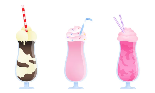 Set of three colorful milkshakes in glasses with tubes made with different ingredients. Vector illustration in flat cartoon style — Stock Vector