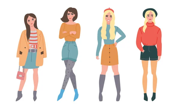 Conjunto de diferentes hermosas mujeres jóvenes en ropa sexy de moda. Ilustración vectorial en estilo plano de dibujos animados — Vector de stock