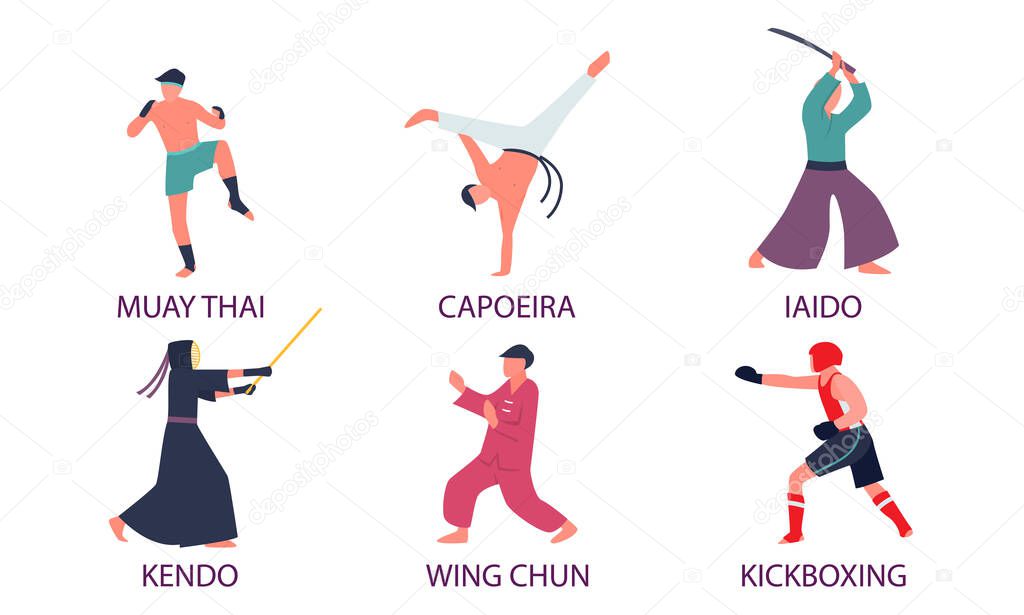 Men practicing different kinds of asian martial arts with titles