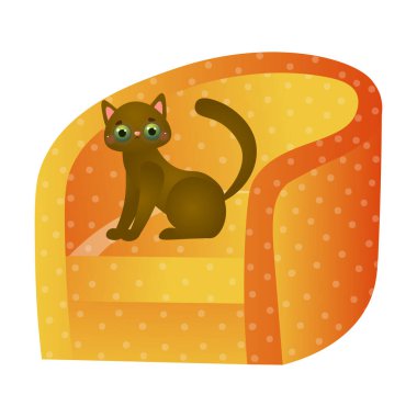 Yumuşak sarı koltukta oturan sevimli kahverengi kedi karakteri. Çizgi film tarzında vektör illüstrasyonu
