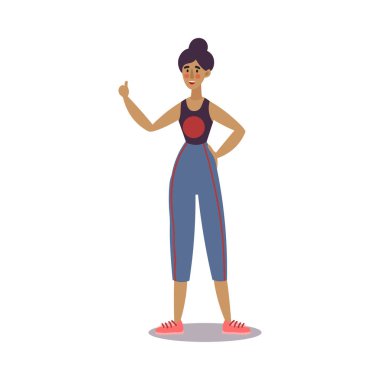 Gülümseyen kadın fitness eğitmeni ayakta ve baş parmak işareti yapıyor. Çizgi film tarzında vektör illüstrasyonu.