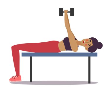 Koyu renk saçlı tatlı bir kız spor salonunda halterlerle yalan söylüyor ve egzersiz yapıyor. Düz çizgi film tarzında vektör illüstrasyonu