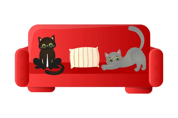 Mignon domestique deux chats reposant sur le canapé rouge doux avec l'oreiller. Illustration vectorielle en style dessin animé plat . — Image vectorielle