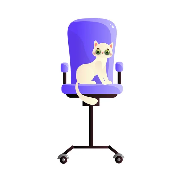 Leuke huiselijke witte kat karakter zittend op de lange paarse stoel. Vector illustratie in platte cartoon stijl — Stockvector