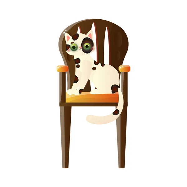 Mignon personnage de chat coloré domestique assis sur la grande chaise en bois. Illustration vectorielle en style dessin animé plat — Image vectorielle