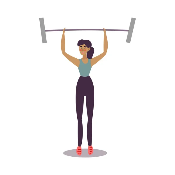 Симпатичная молодая темноволосая спортсменка, стоящая и поднимающая штангу в спортзале. Векторная иллюстрация в плоском стиле мультфильма — стоковый вектор
