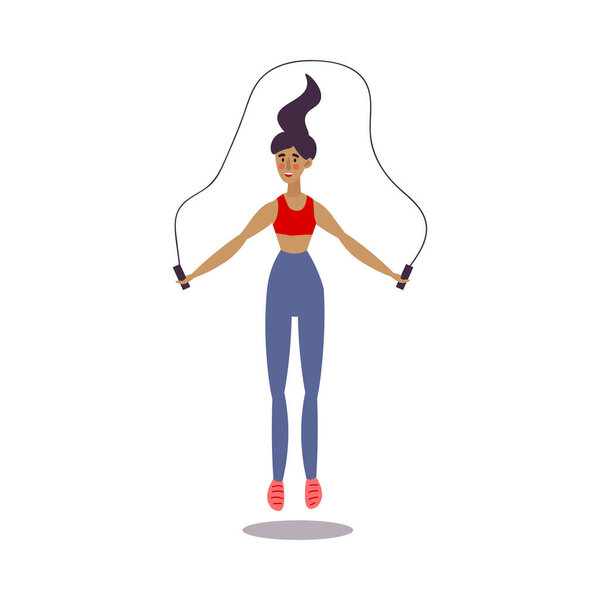Cute young dark-haired trainer girl jumping rope in gym. Vector illustration in the flat cartoon style