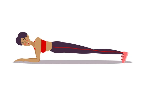 Linda joven entrenadora morena haciendo pose de ejercicio de tablón en un gimnasio. Ilustración vectorial en el estilo plano de dibujos animados — Vector de stock