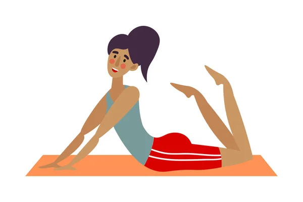 Schattig jong donkerharig trainer meisje doen yoga boog pose dhanurasana in een sportschool. Vector illustratie in de platte cartoon stijl — Stockvector