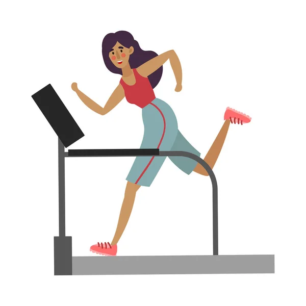 Boldog mosolygó női fitness oktató fut a futópadon. Vektor illusztráció lapos rajzfilm stílusban. — Stock Vector