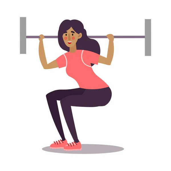 Linda joven atlética morena levantando una barra en un gimnasio. Ilustración vectorial en el estilo plano de dibujos animados — Vector de stock