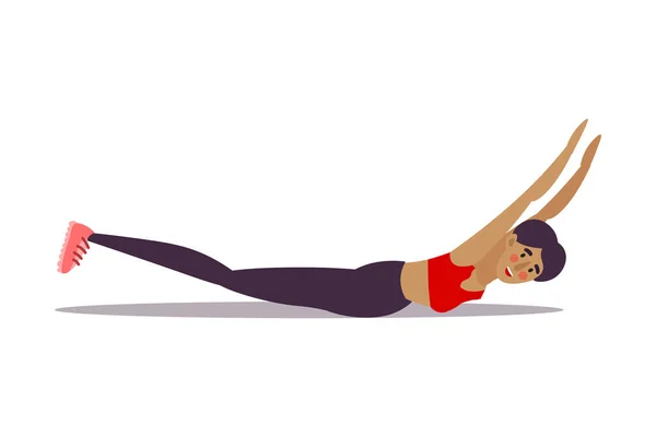 Χαριτωμένη νεαρή μελαχρινή γυμνάστρια που κάνει γιόγκα, ποζάρει κροκόδειλος σε γυμναστήριο. Εικονογράφηση διάνυσμα στο επίπεδο στυλ κινουμένων σχεδίων — Διανυσματικό Αρχείο