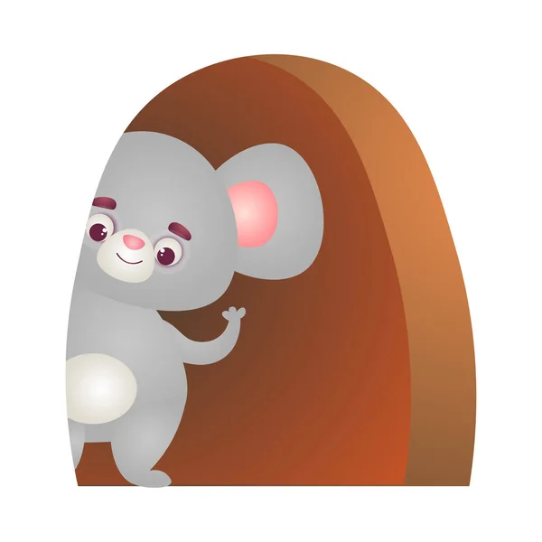 Feliz personaje gris ratón agitando su mano fuera del agujero. Ilustración vectorial en el estilo plano de dibujos animados . — Vector de stock