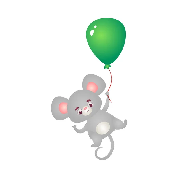 Feliz personaje de ratón gris volando con un globo verde. Ilustración vectorial en el estilo plano de dibujos animados . — Vector de stock