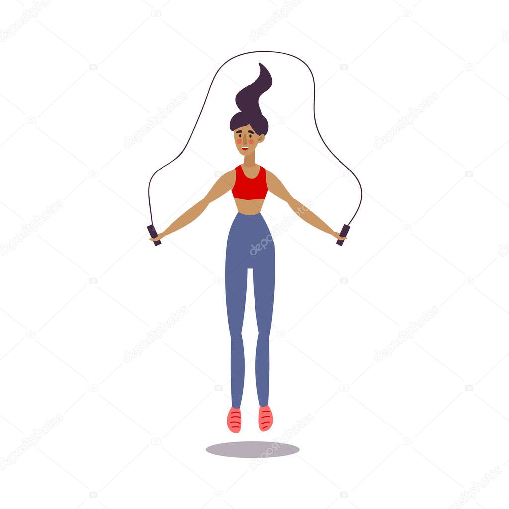 Cute young dark-haired trainer girl jumping rope in gym. Vector illustration in the flat cartoon style