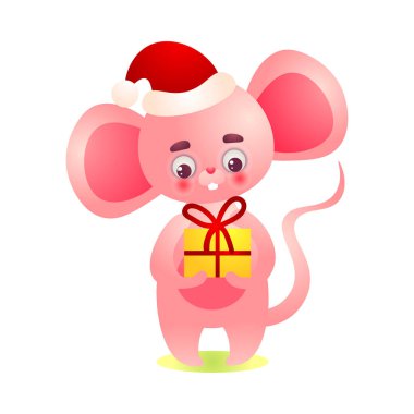 Şimdiki kutunun yanında duran mutlu, pembe şapkalı çocuk. Düz çizgi film tarzında vektör illüstrasyonu