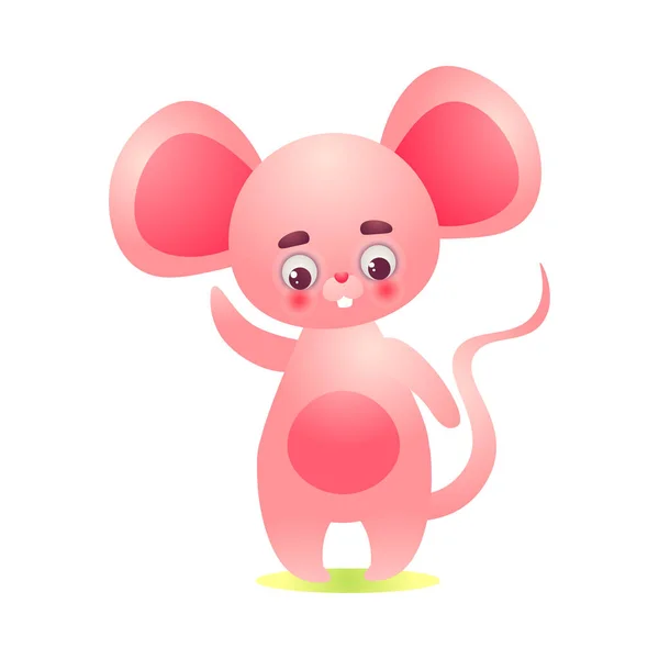 Feliz personaje de ratón rosa de pie con grandes orejas y agitando su mano. Ilustración vectorial en el estilo plano de dibujos animados . — Vector de stock