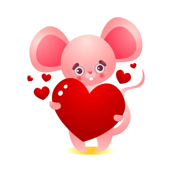 Happy pink humanized mouse character holding a big red heart. Vector illustration in the flat cartoon style. — Stock Vector