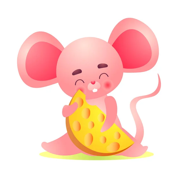 노란색 치즈 조각을 발에 들고 큰 귀를 가진 행복 한 분홍색 쥐 캐릭터. 평면 만화에 나오는 벡터 그림. — 스톡 벡터