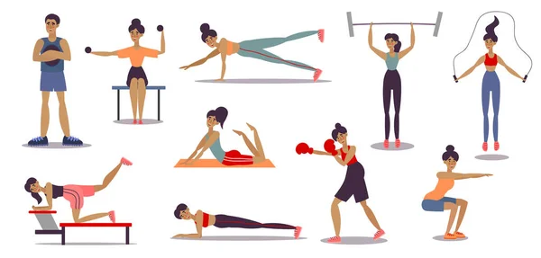 일단 의 남녀 조련사들 이 체육관에서 서로 다른 운동 운동을 하고 있다. 평면 만화에 나오는 벡터 삽화. — 스톡 벡터