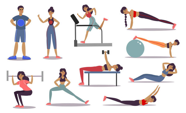 Set of male and female trainers doing different sport exercises in a gym. Vector illustration in flat cartoon style.