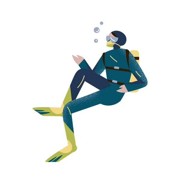 スキューバダイバーは海や海で水中で泳いでいます。平面漫画風のベクトルイラスト. — ストックベクタ