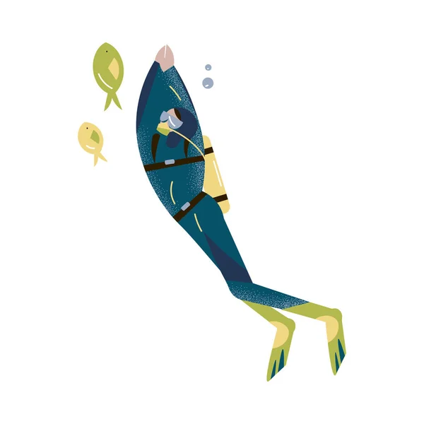 Buceador nadando bajo el agua y buceando con peces en aguas profundas o en el océano. Ilustración vectorial en el estilo plano de dibujos animados . — Archivo Imágenes Vectoriales
