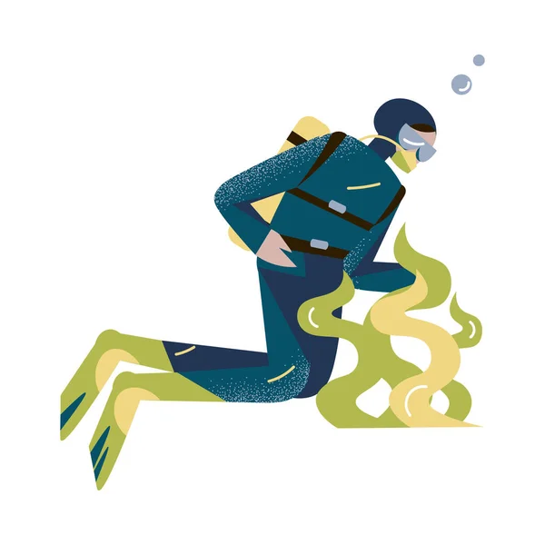 スキューバダイバーは深海や海で水中で泳いだり、水生植物の近くでダイビングをします。平面漫画風のベクトルイラスト. — ストックベクタ