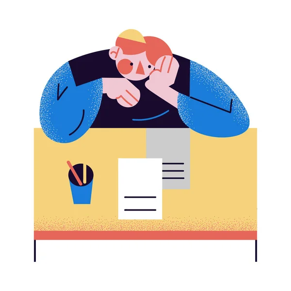 Un hombre pelirrojo pensando en sentarse en el lugar de trabajo a la mesa. Ilustración vectorial en el estilo plano de dibujos animados . — Archivo Imágenes Vectoriales
