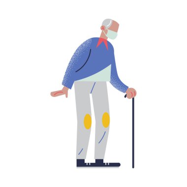 Elinde sopayla beyaz saçlı yaşlı bir adam koruyucu tıbbi maskeyle yürüyor. Çizgi film tarzında vektör illüstrasyonu