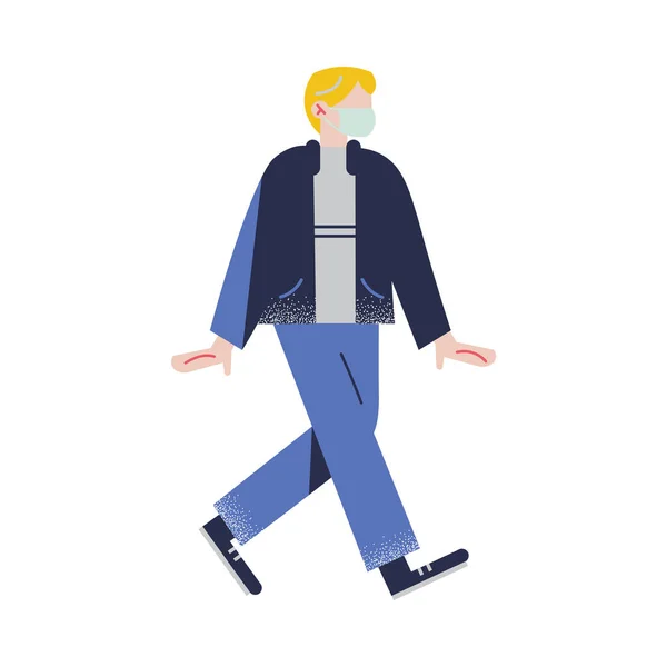 Hombre rubio con pantalones azules caminando con la máscara protectora médica. Ilustración vectorial en el estilo plano de dibujos animados . — Vector de stock