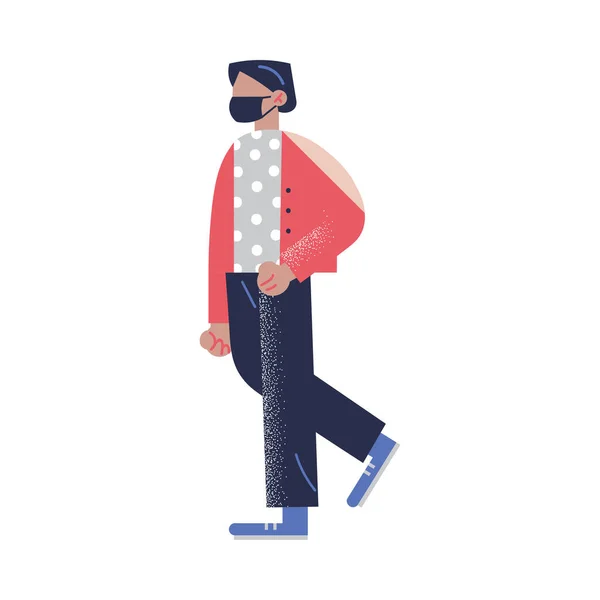 Black-haired man in black pants walking with the protective medical face mask. Vector illustration in the flat cartoon style. — Stock Vector