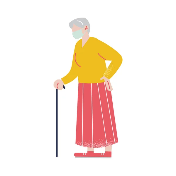 Vieja de pelo blanco con un palo en la mano caminando con la máscara protectora de la cara médica. Ilustración vectorial en estilo de dibujos animados — Vector de stock